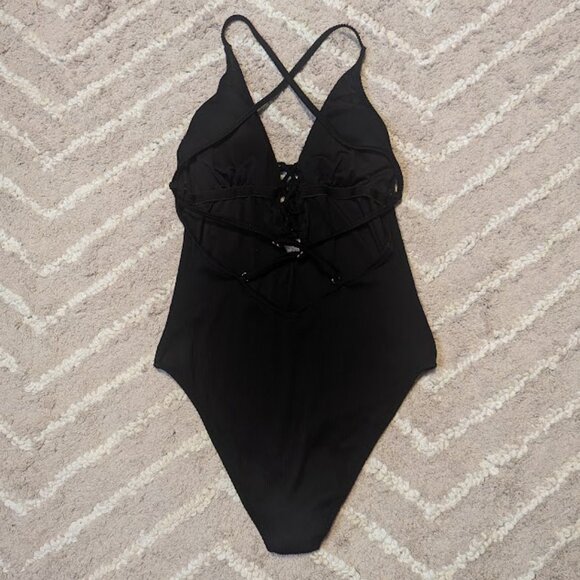 Women's Solid Color V Neck Lace Up One Piece Swimsuit Size M - Picture 6 of 7